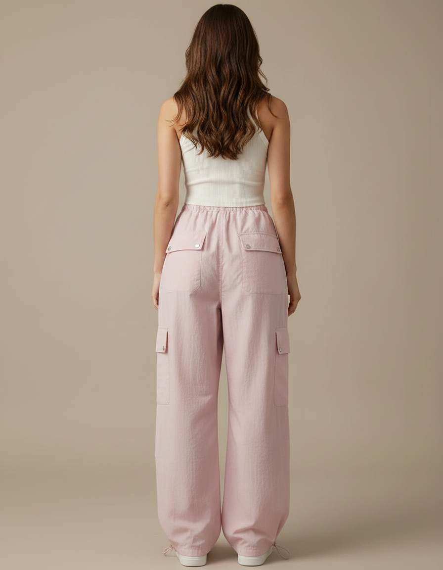 Pantalon Parachute Rose Cargo Ample Femme Multipoches - Polyester - vue 2
