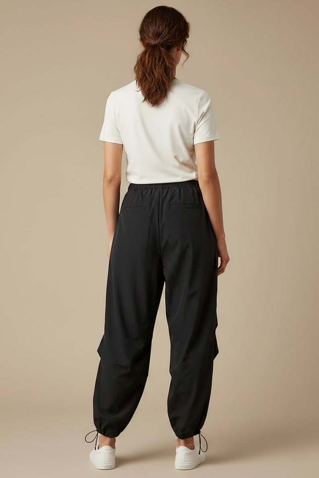 Pantalon Parachute Noir Ample Cargo Taille Élastique - Polyester - vue 2