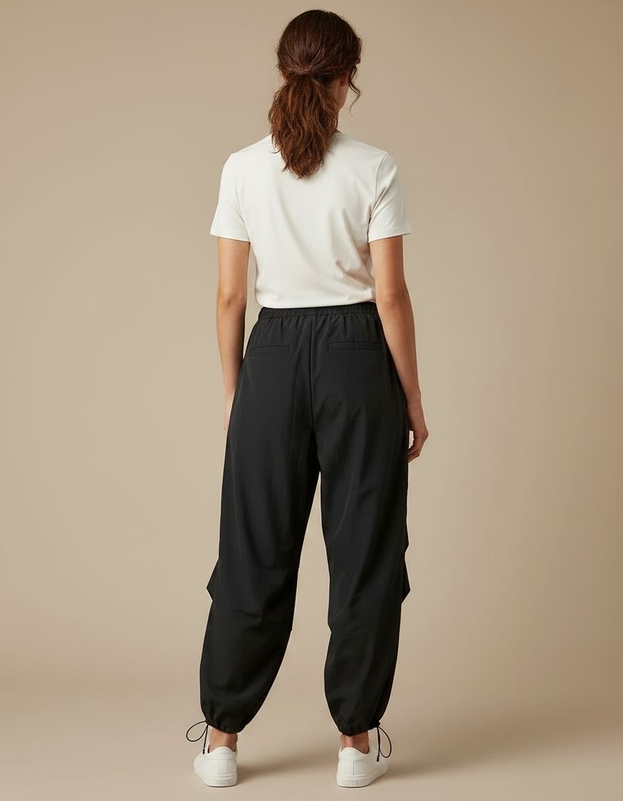 Pantalon Parachute Noir Ample Cargo Taille Élastique - Polyester - vue 2