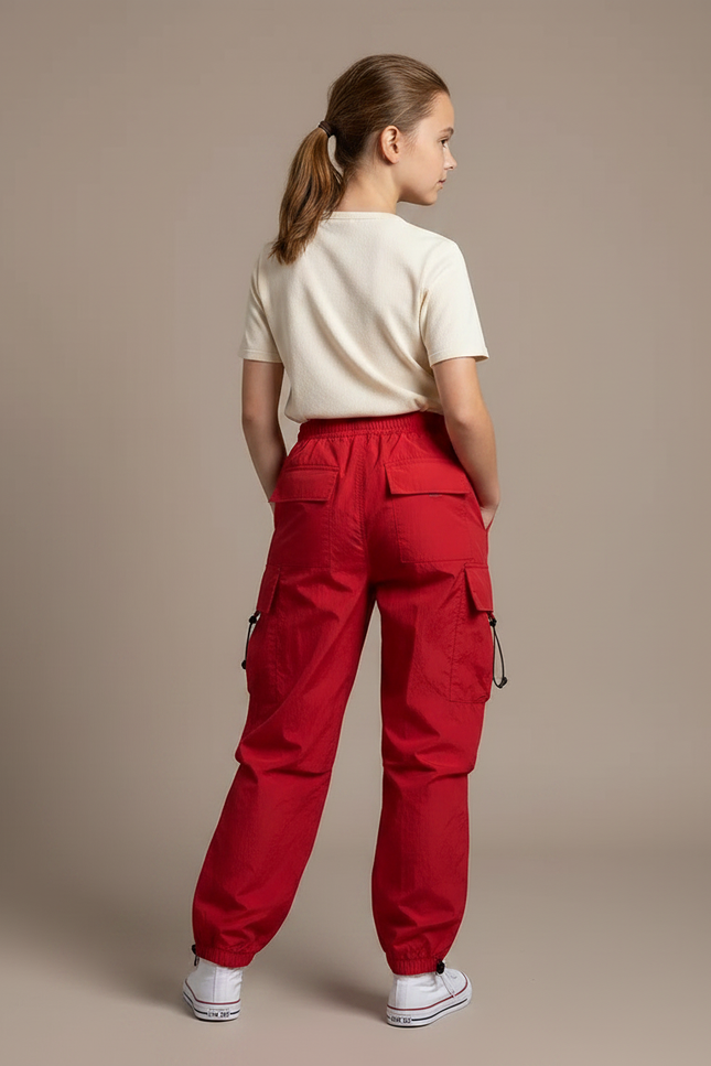 Pantalon Parachute Fille Cargo Nylon Streetwear 3 - Rouge Polyester - vue 2