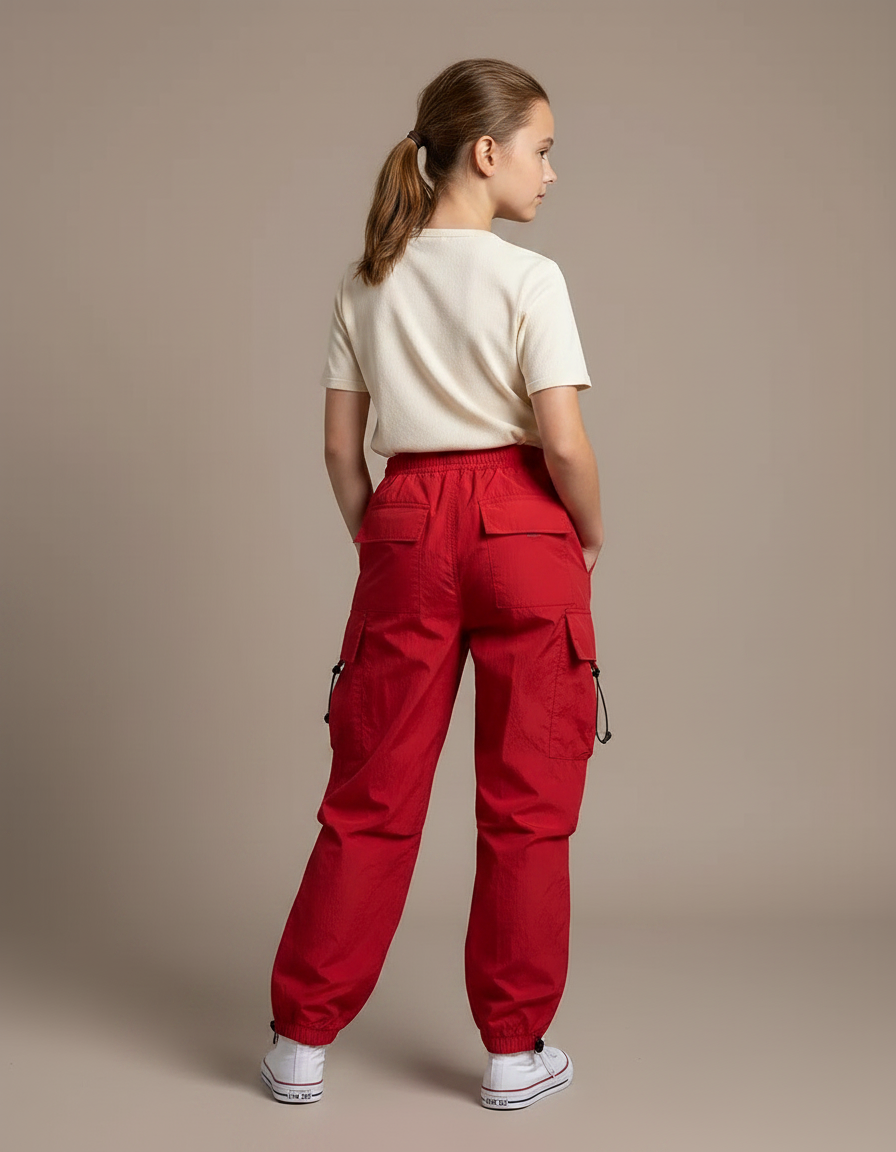 Pantalon Parachute Fille Cargo Nylon Streetwear 3 - Rouge Polyester - vue 2
