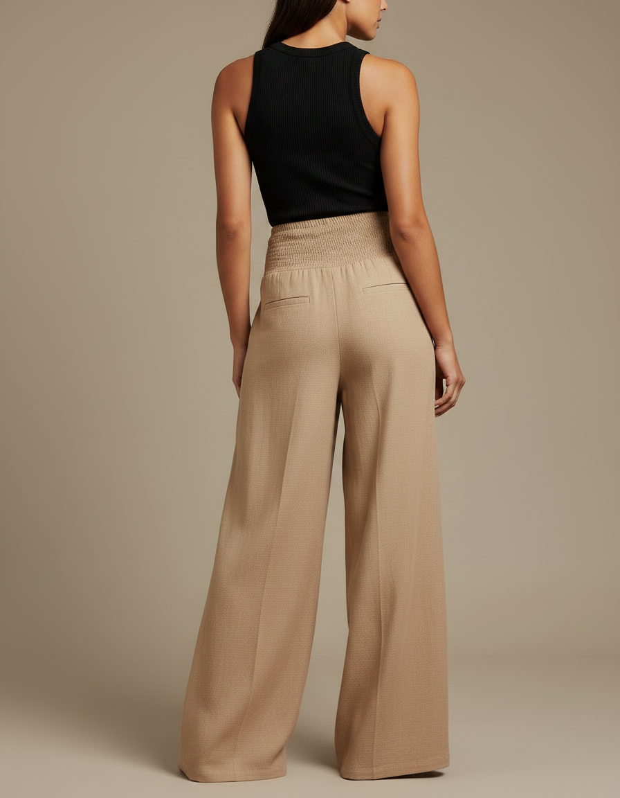 Pantalon Parachute Beige Ample Smocké Taille Haute Femme - Lin - vue 2