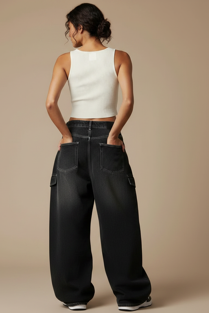 Pantalon Parachute Noir Délavé Ample Denim Imprimé Femme - Jean - vue 2
