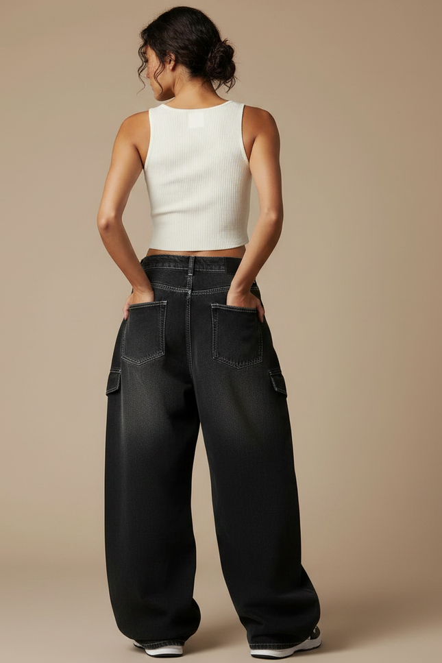 Pantalon Parachute Noir Délavé Ample Denim Imprimé Femme - Jean - vue 2