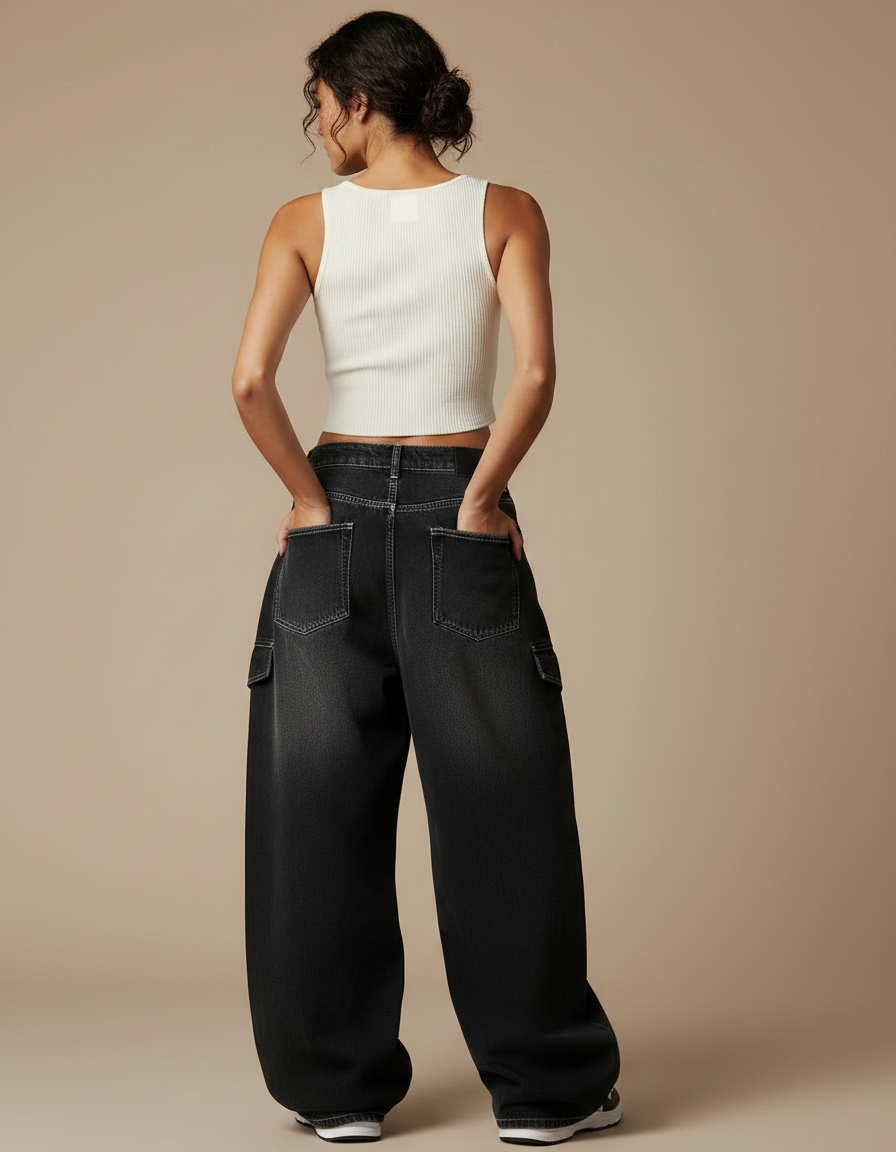Pantalon Parachute Noir Délavé Ample Denim Imprimé Femme - Jean - vue 2