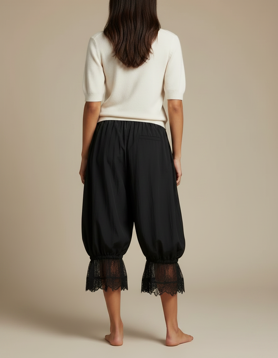 Pantalon Parachute Noir Ample Dentelle Fluide - Polyester - vue 2