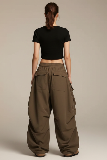 Pantalon Parachute Kaki Ample Fluide Cargo Femme - Polyester - vue 2