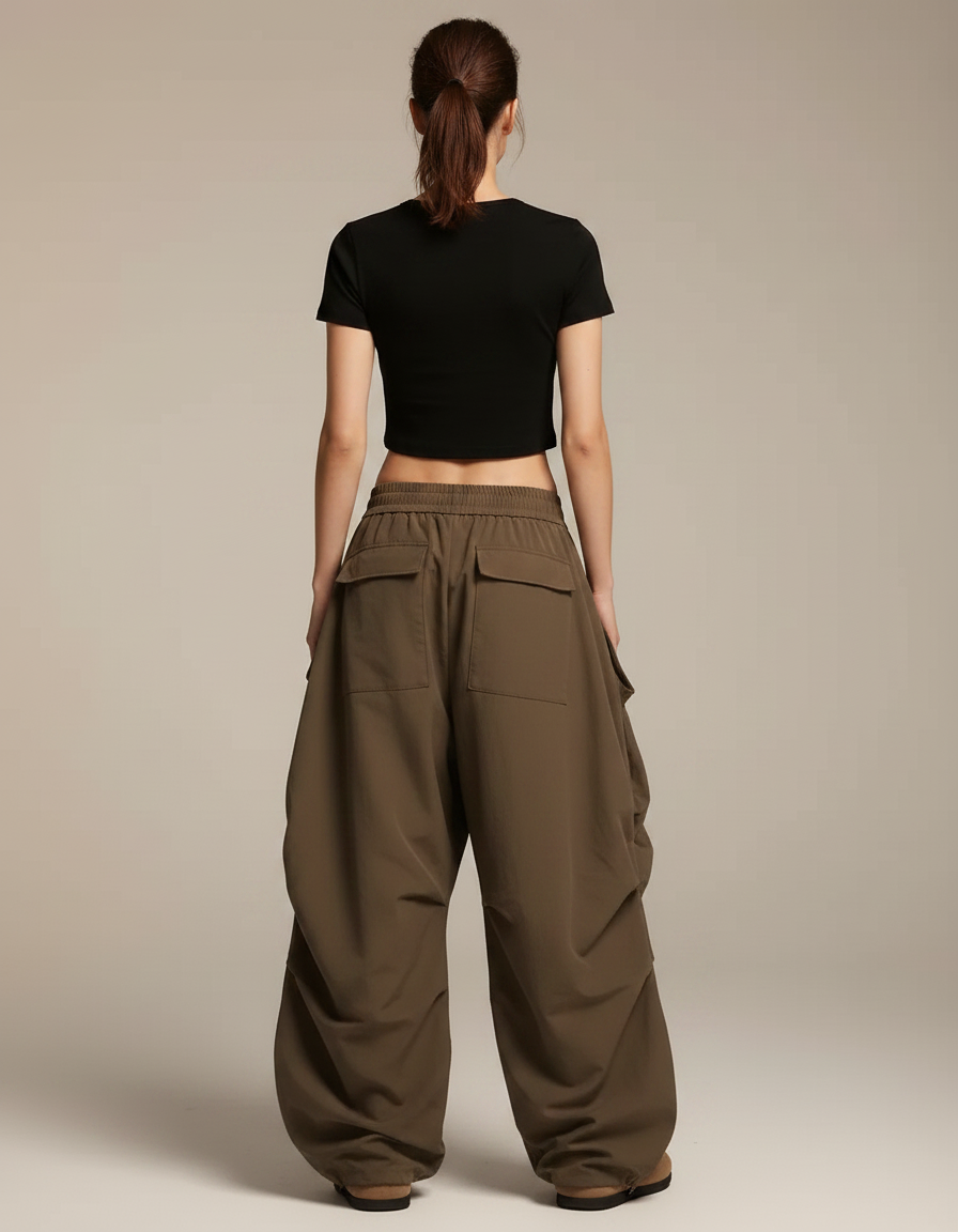 Pantalon Parachute Kaki Ample Fluide Cargo Femme - Polyester - vue 2