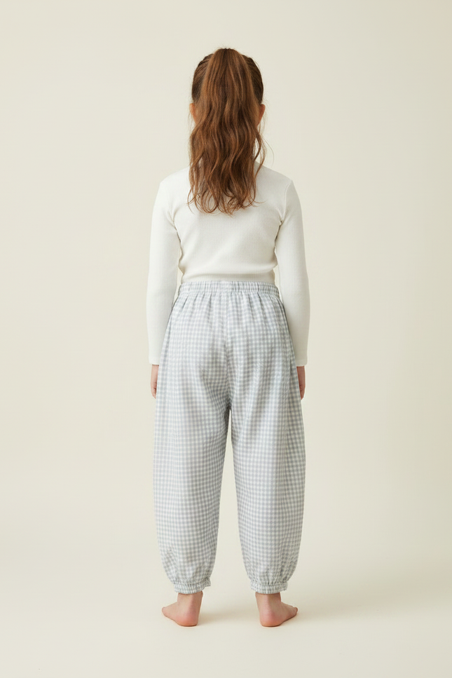 Pantalon Parachute Vichy Coton Ample Froncé Enfant - Bleu - vue 2