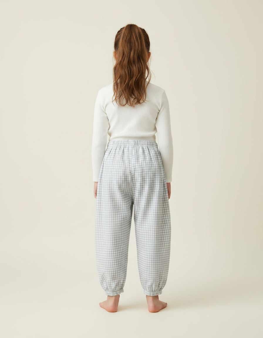 Pantalon Parachute Vichy Coton Ample Froncé Enfant - Bleu - vue 2