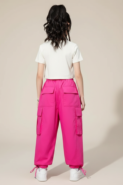 Pantalon Parachute Rose Vif Cargo Ample Fille Coréen - Polyester - vue 2