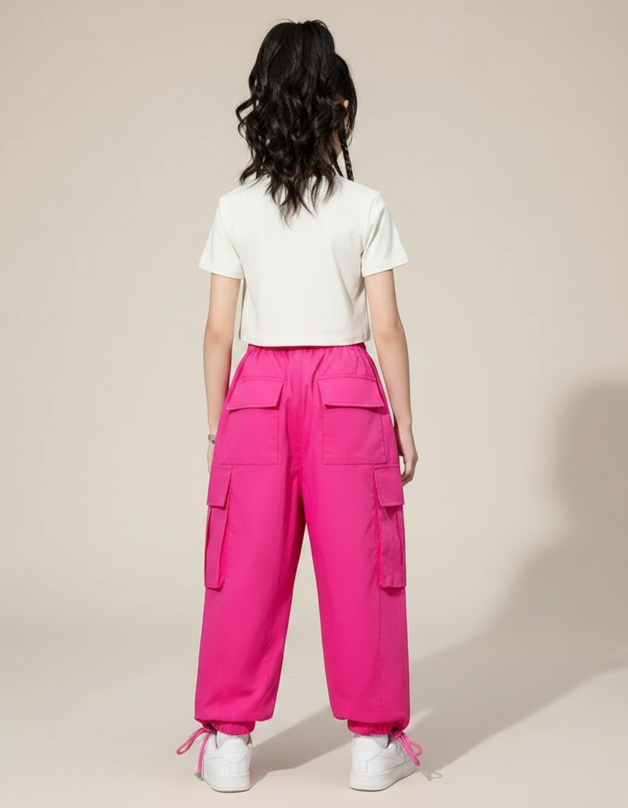 Pantalon Parachute Rose Vif Cargo Ample Fille Coréen - Polyester - vue 2