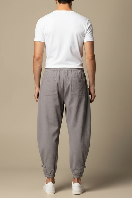 Pantalon Parachute Gris Coton Lin Ample Décontracté - vue 2