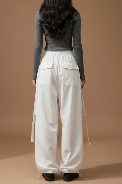 Pantalon Parachute Blanc Cargo Ample Streetwear Femme - Coton - vue 2