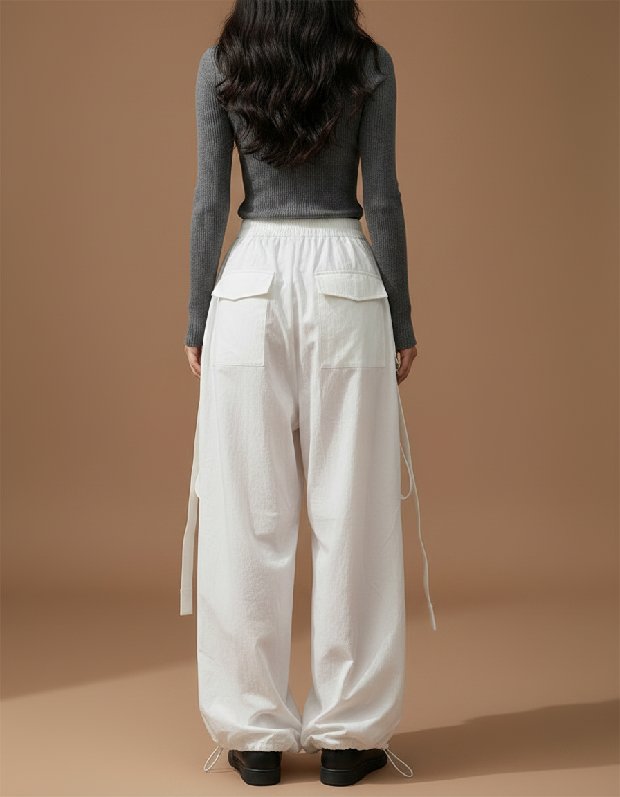 Pantalon Parachute Blanc Cargo Ample Streetwear Femme - Coton - vue 2