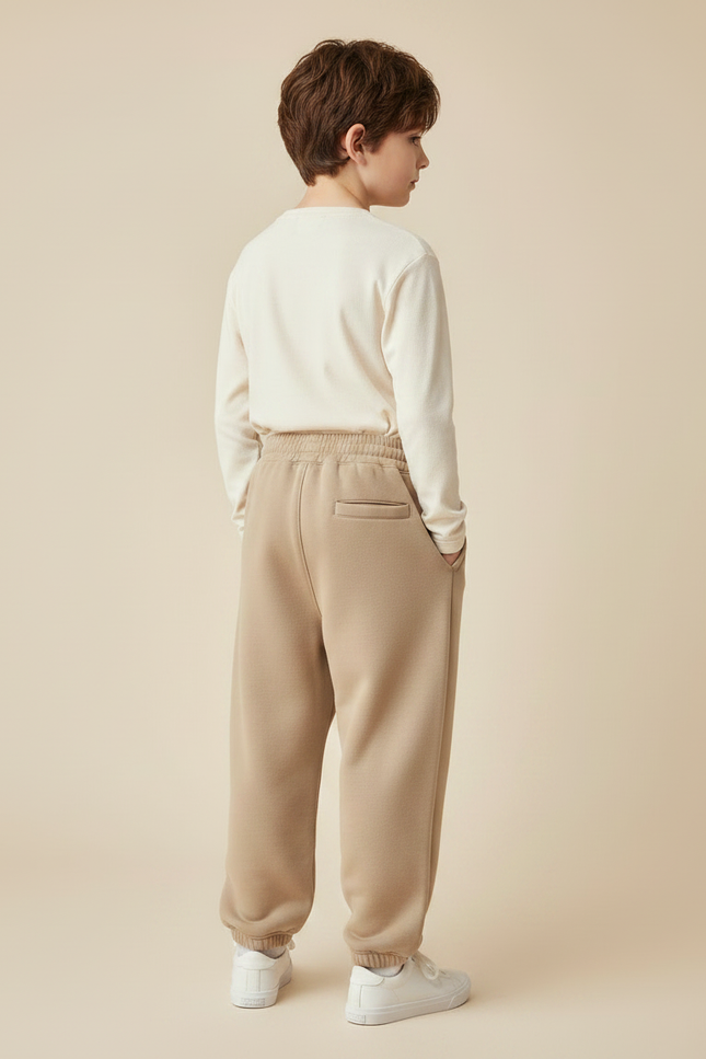 Pantalon Parachute Molleton Ample Garçon Hiver Cordon Serre-taille - Beige - vue 2