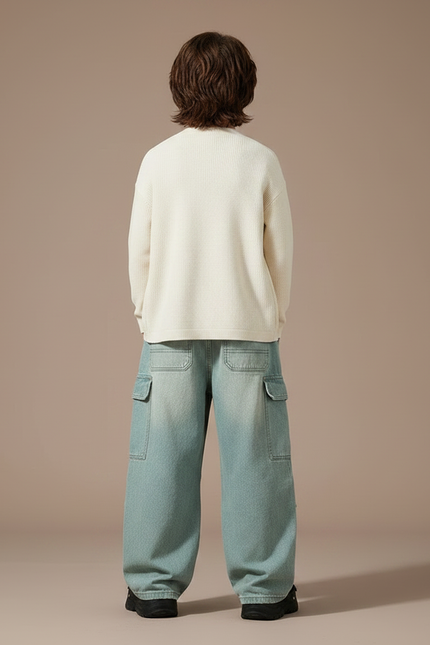 Pantalon Parachute Bleu Délavé Cargo Ample Enfant - Jean - vue 2