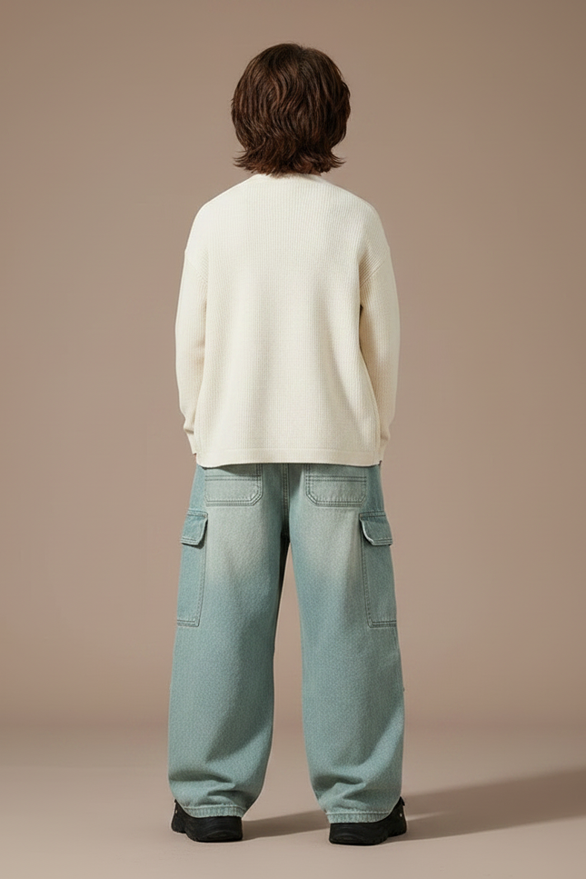 Pantalon Parachute Bleu Délavé Cargo Ample Enfant - Jean - vue 2
