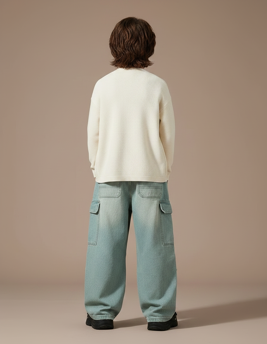 Pantalon Parachute Bleu Délavé Cargo Ample Enfant - Jean - vue 2