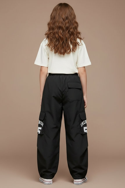 Pantalon Parachute Noir Cargo Rayures Blanches Ample - Polyester - vue 2