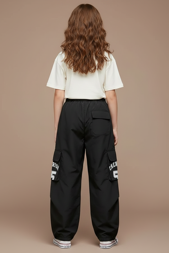 Pantalon Parachute Noir Cargo Rayures Blanches Ample - Polyester - vue 2