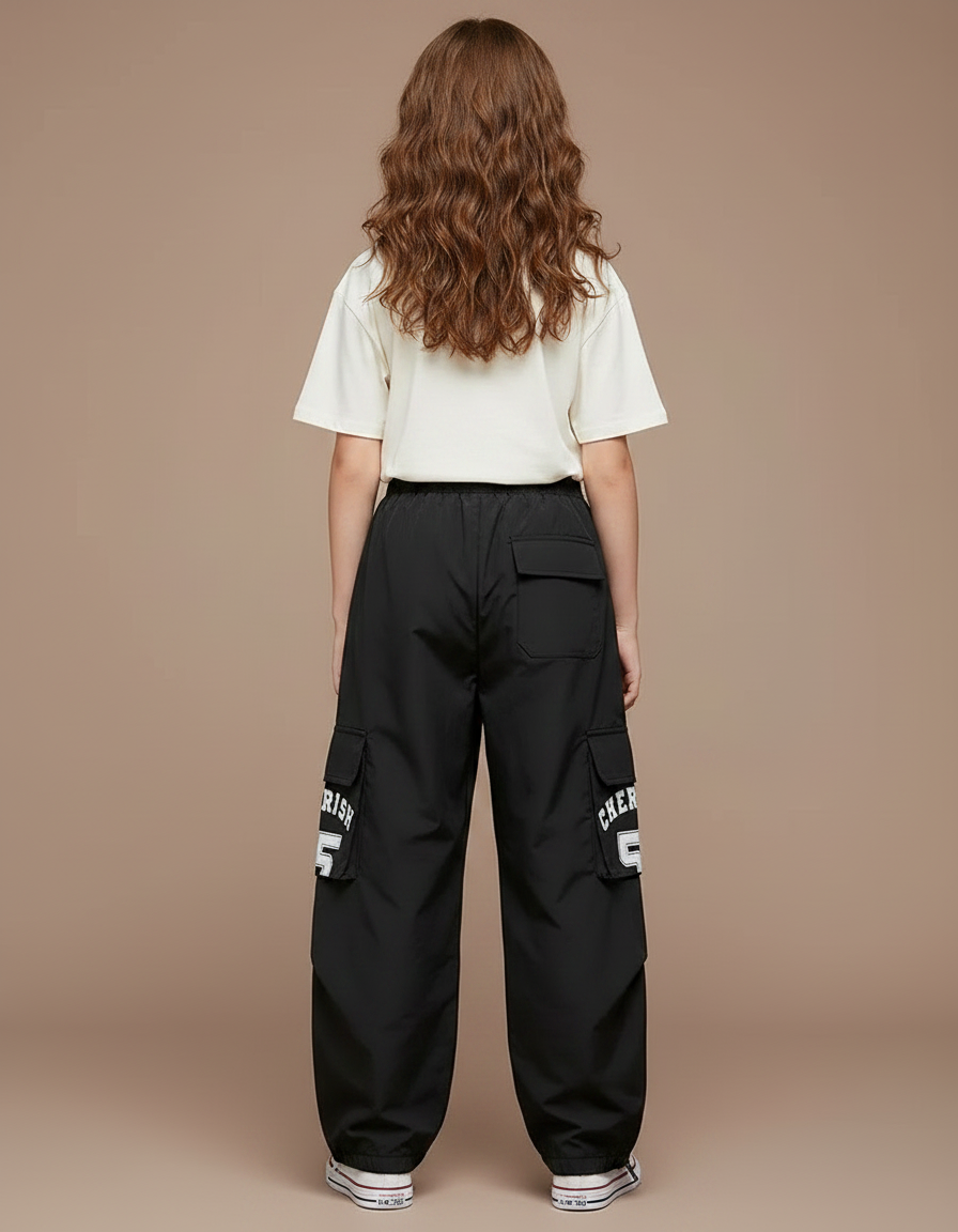 Pantalon Parachute Noir Cargo Rayures Blanches Ample - Polyester - vue 2