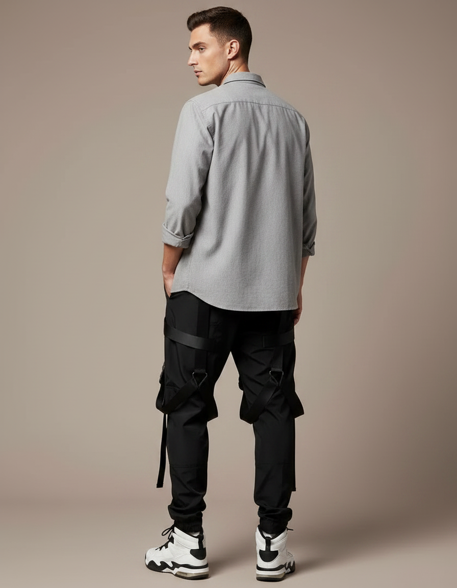 Pantalon Parachute Noir Cargo Tactique Rubans Homme - Polyester - vue 2