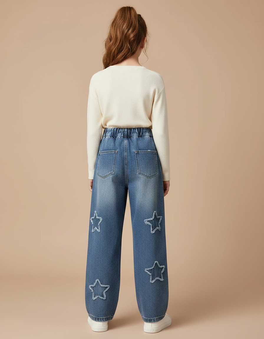 Pantalon Parachute Denim Étoiles Ample Enfant - Bleu Jean - vue 2