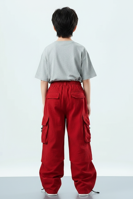 Pantalon Parachute Rouge Cargo Ample Enfant Décontracté Hip Hop - Lin - vue 2