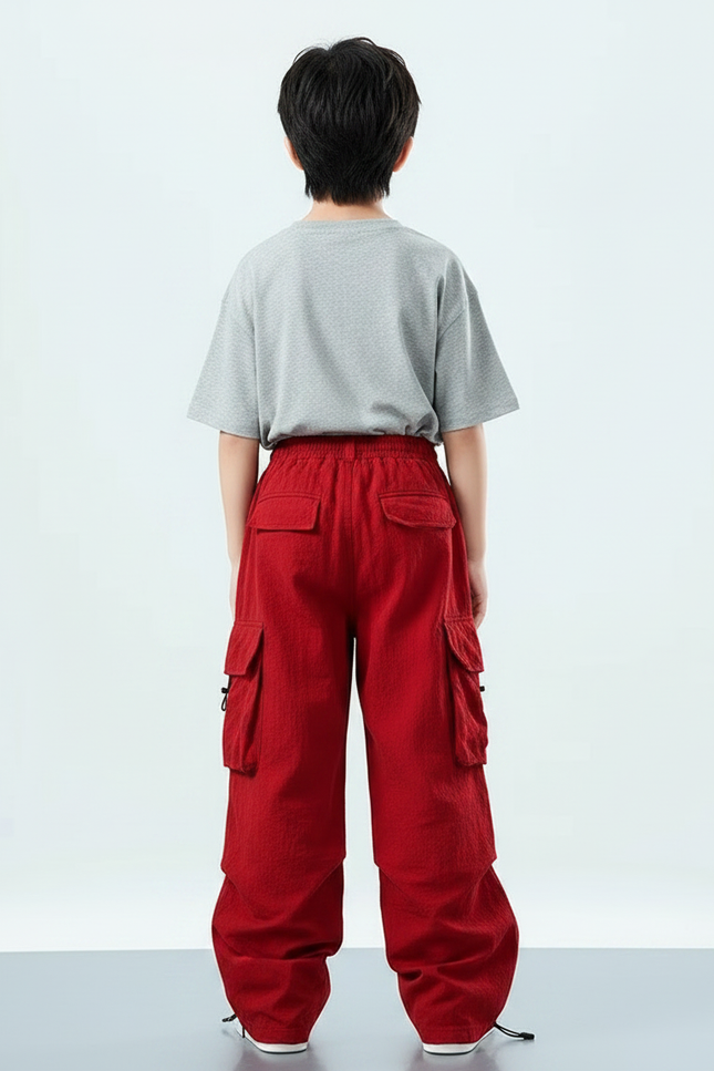 Pantalon Parachute Rouge Cargo Ample Enfant Décontracté Hip Hop - Lin - vue 2