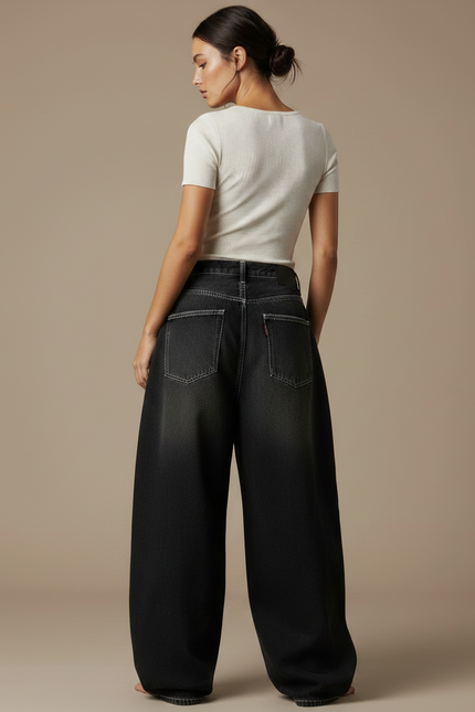 Pantalon Parachute Noir Délavé Ample Denim Femme Y2K - Jean - vue 2