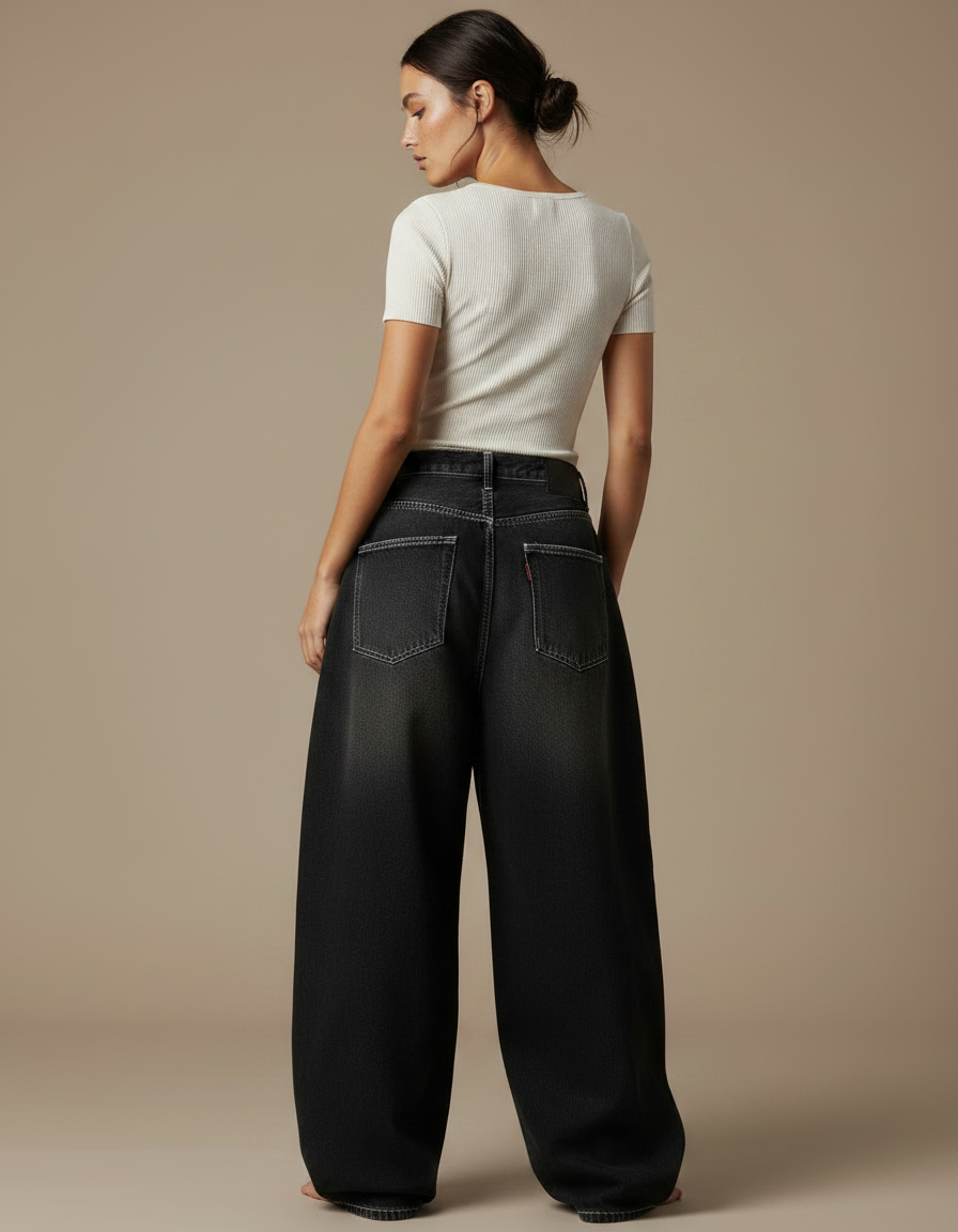 Pantalon Parachute Noir Délavé Ample Denim Femme Y2K - Jean - vue 2