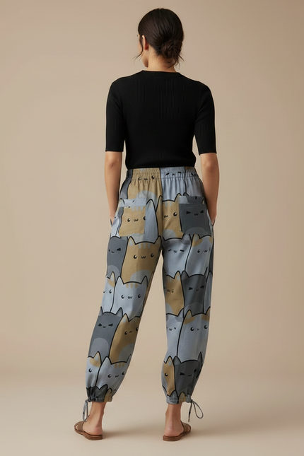 Pantalon Parachute Fluide Imprimé Chats Taille Élastique - Viscose - vue 2