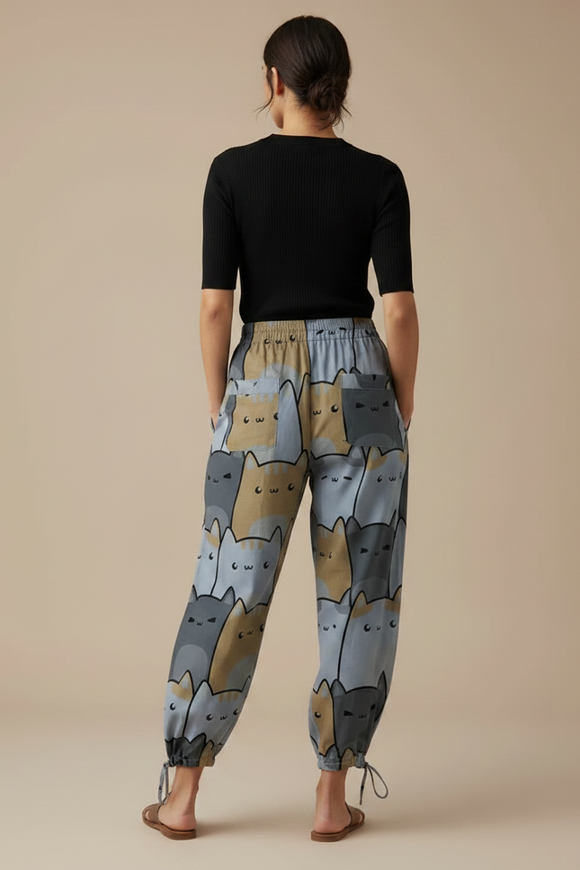 Pantalon Parachute Fluide Imprimé Chats Taille Élastique - Viscose - vue 2
