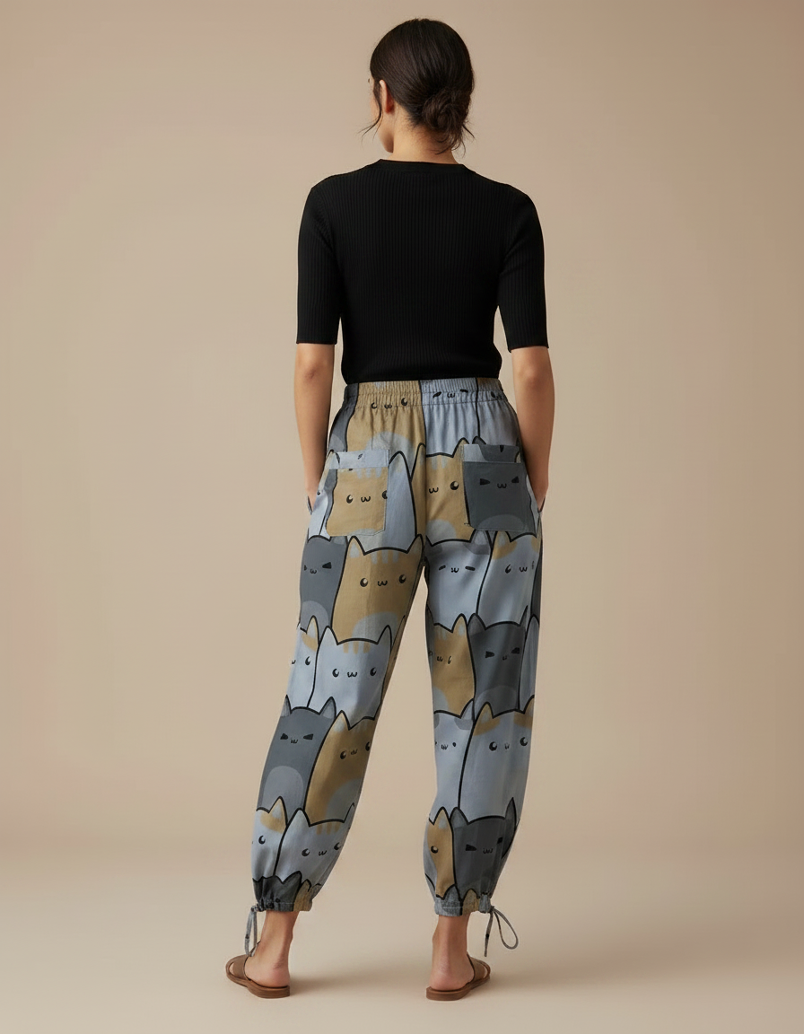 Pantalon Parachute Fluide Imprimé Chats Taille Élastique - Viscose - vue 2