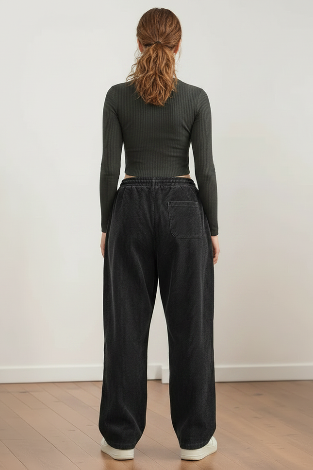 Pantalon Parachute Côtelé Noir Ample Décontracté Femme - Cordé - vue 2