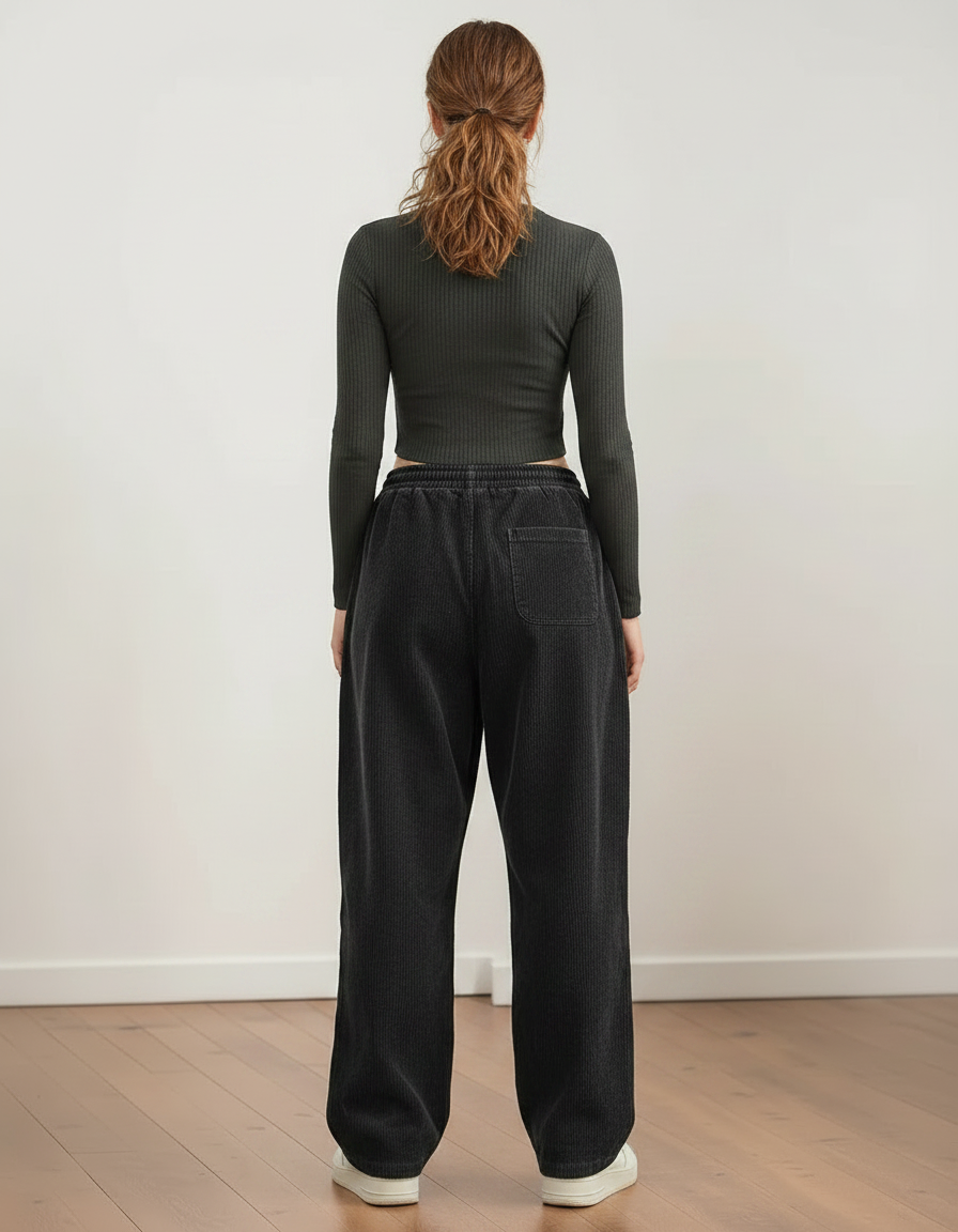 Pantalon Parachute Côtelé Noir Ample Décontracté Femme - Cordé - vue 2