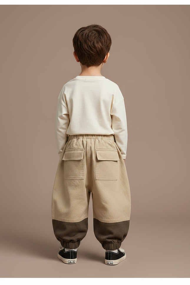 Pantalon Parachute Cargo Bicolore Ample Coton Enfant - Beige Toile - vue 2