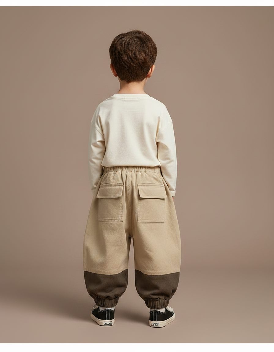 Pantalon Parachute Cargo Bicolore Ample Coton Enfant - Beige Toile - vue 2