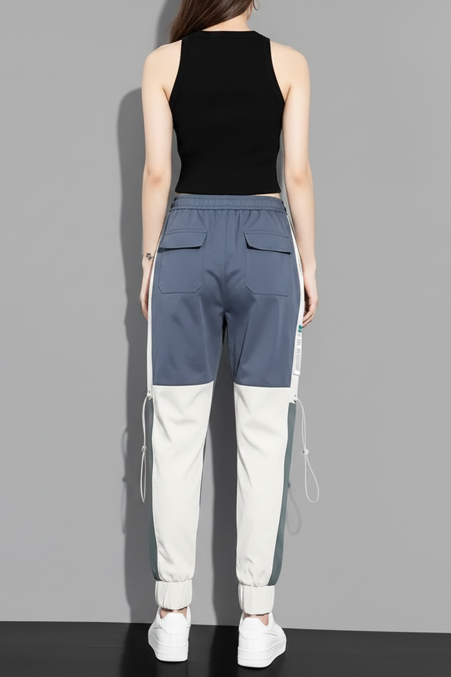 Pantalon Parachute Bicolore Cargo Streetwear Cordon Femme - Multicolore Polyester - vue 2