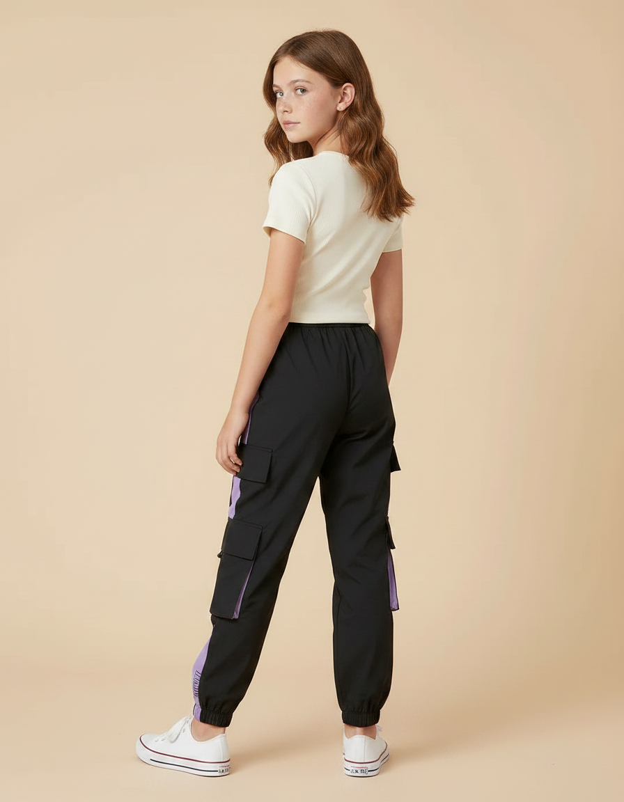 Pantalon Parachute Noir Violet Cargo Ample Streetwear - Polyester - vue 2