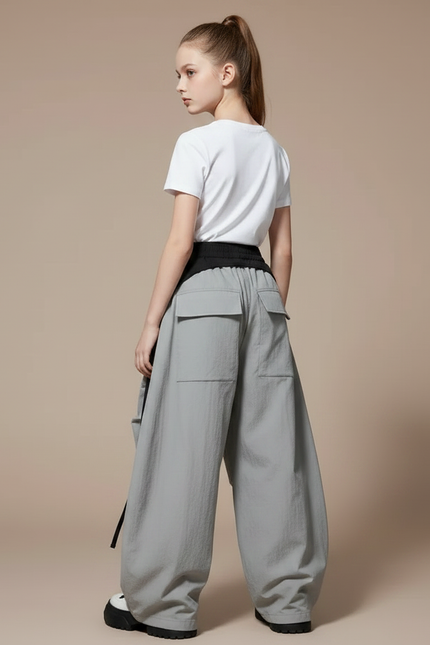 Pantalon Parachute Gris Ample Cargo Cordon Fille - Polyester - vue 2