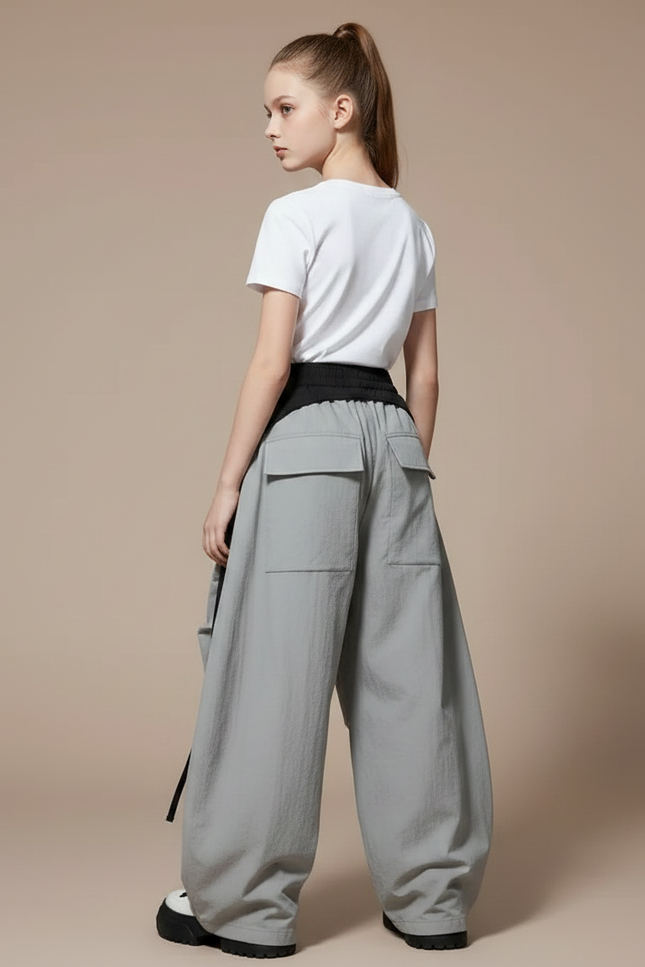 Pantalon Parachute Gris Ample Cargo Cordon Fille - Polyester - vue 2