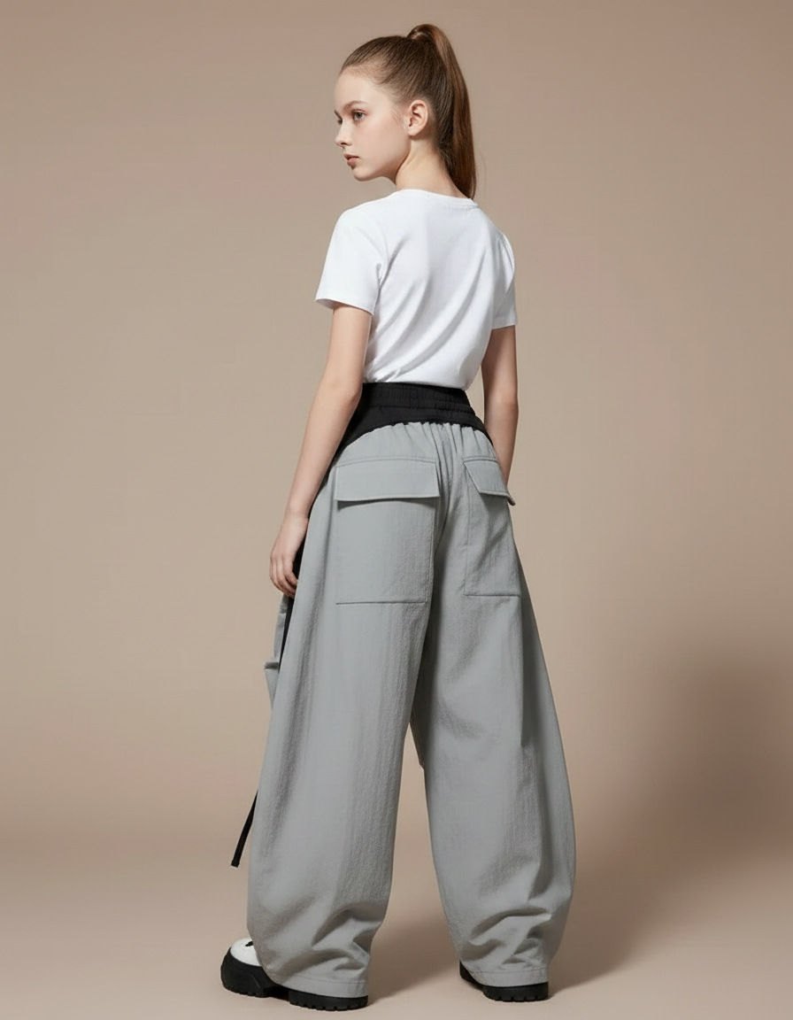 Pantalon Parachute Gris Ample Cargo Cordon Fille - Polyester - vue 2