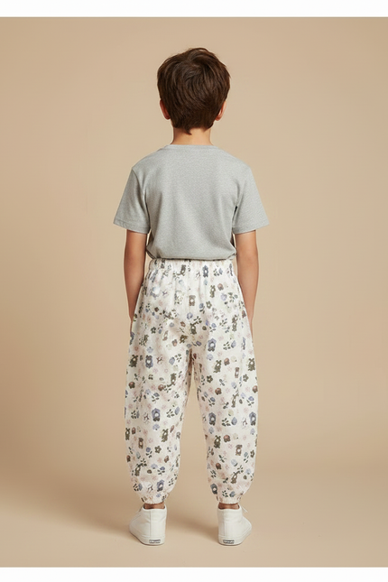 Pantalon Parachute Crème Ample Fleuri Ours Coton Enfant - Beige - vue 2