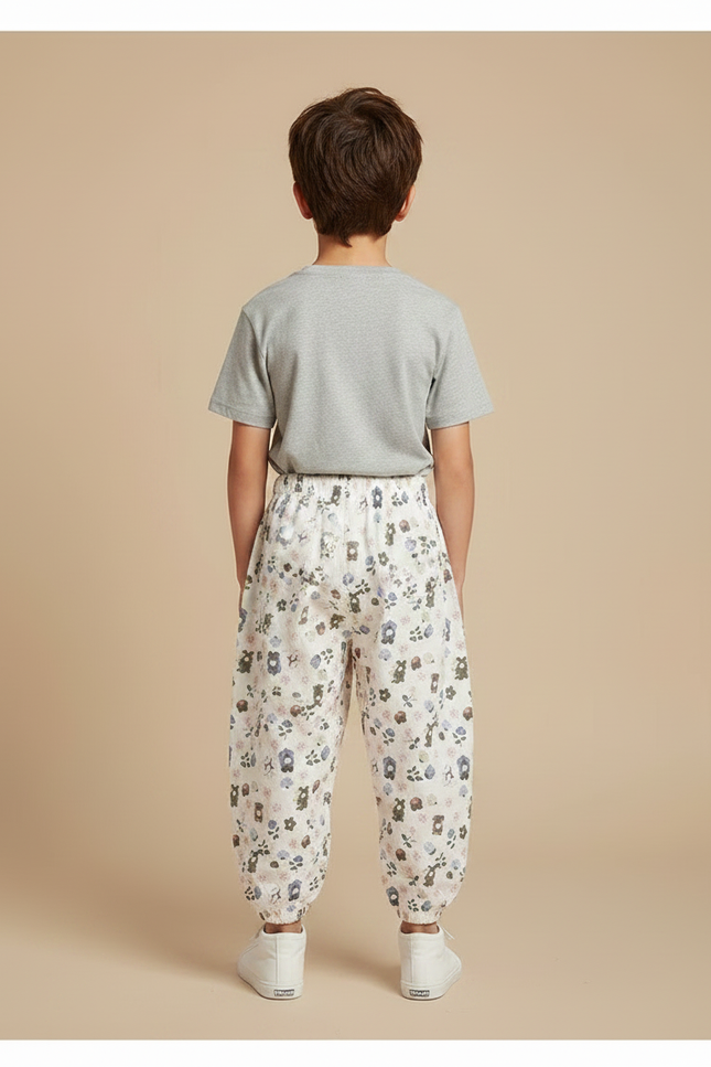 Pantalon Parachute Crème Ample Fleuri Ours Coton Enfant - Beige - vue 2