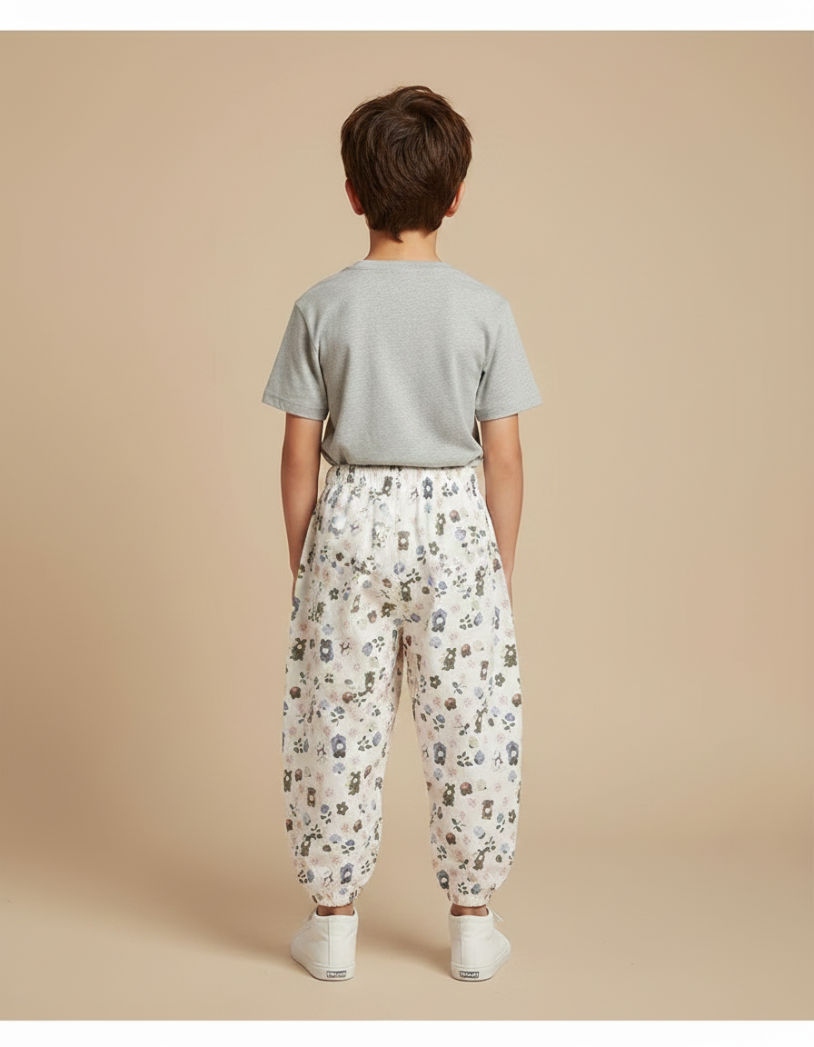 Pantalon Parachute Crème Ample Fleuri Ours Coton Enfant - Beige - vue 2