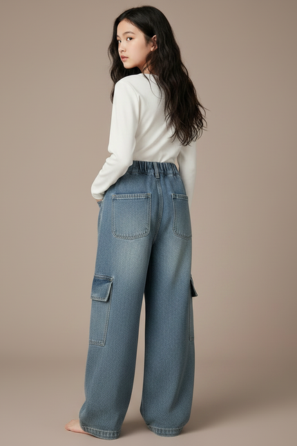 Pantalon Parachute Jean Ample Cargo Fille - Bleu - vue 2