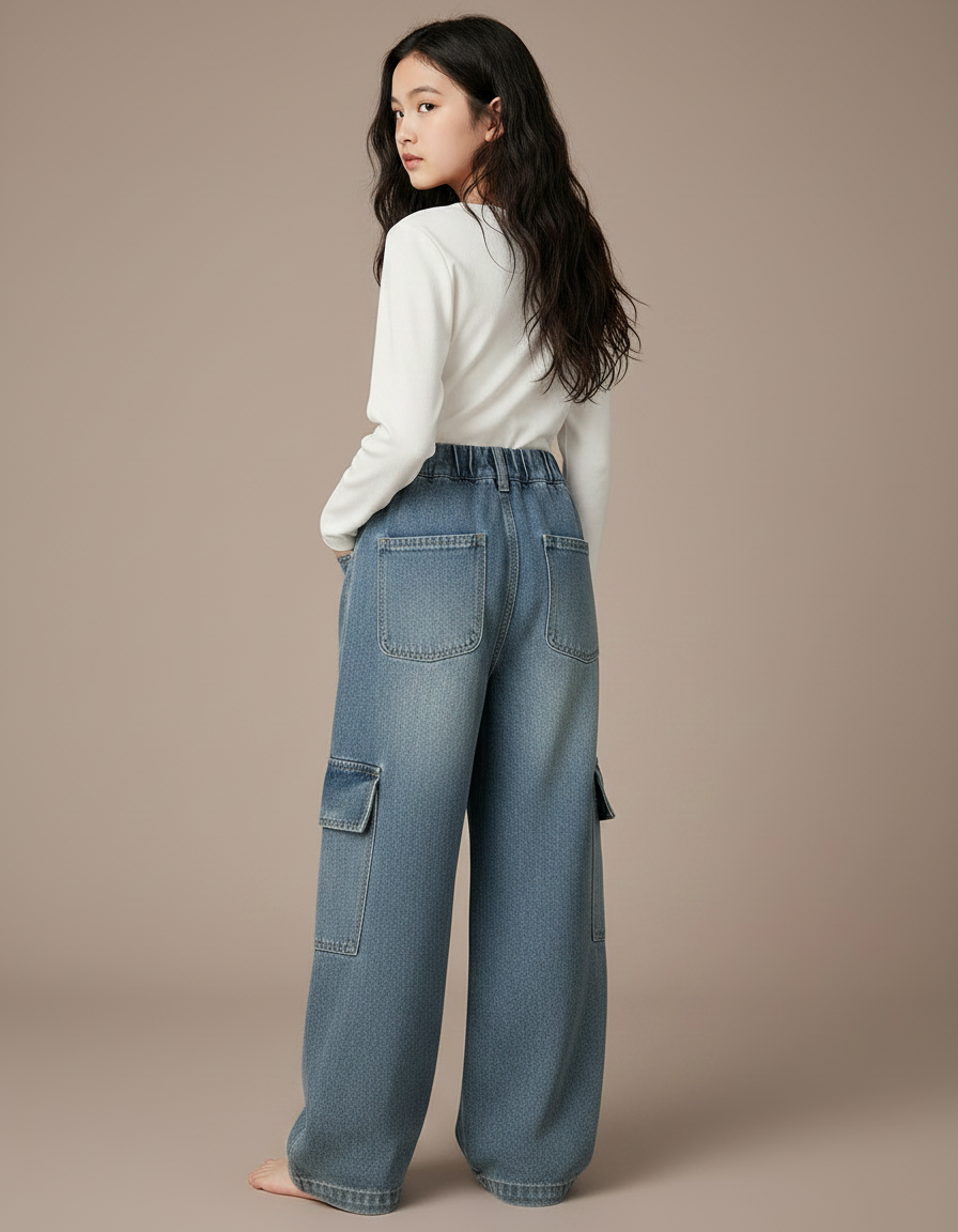 Pantalon Parachute Jean Ample Cargo Fille - Bleu - vue 2