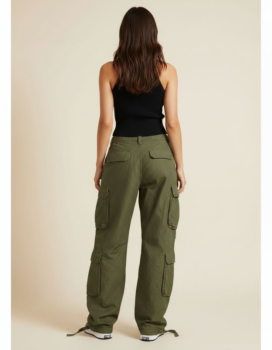 Pantalon Parachute Kaki Ample Cargo Femme Décontracté - Toile - vue 2
